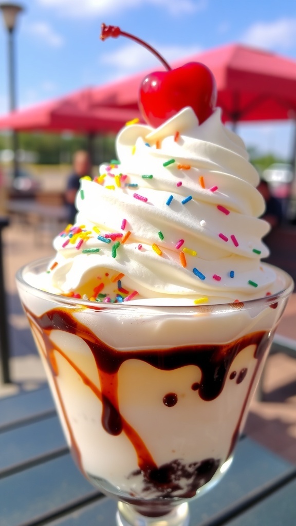 A colorful ice cream sundae with whipped cream, cherry, and sprinkles in a glass dish.